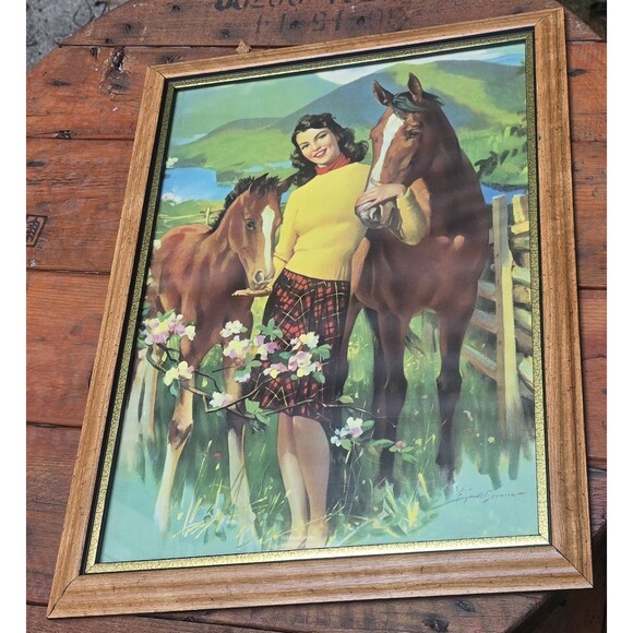 Frederick Sands Brunner Brunette w/ Colt & Mare Framed Vintage 1940s Print - Picture 3 of 4